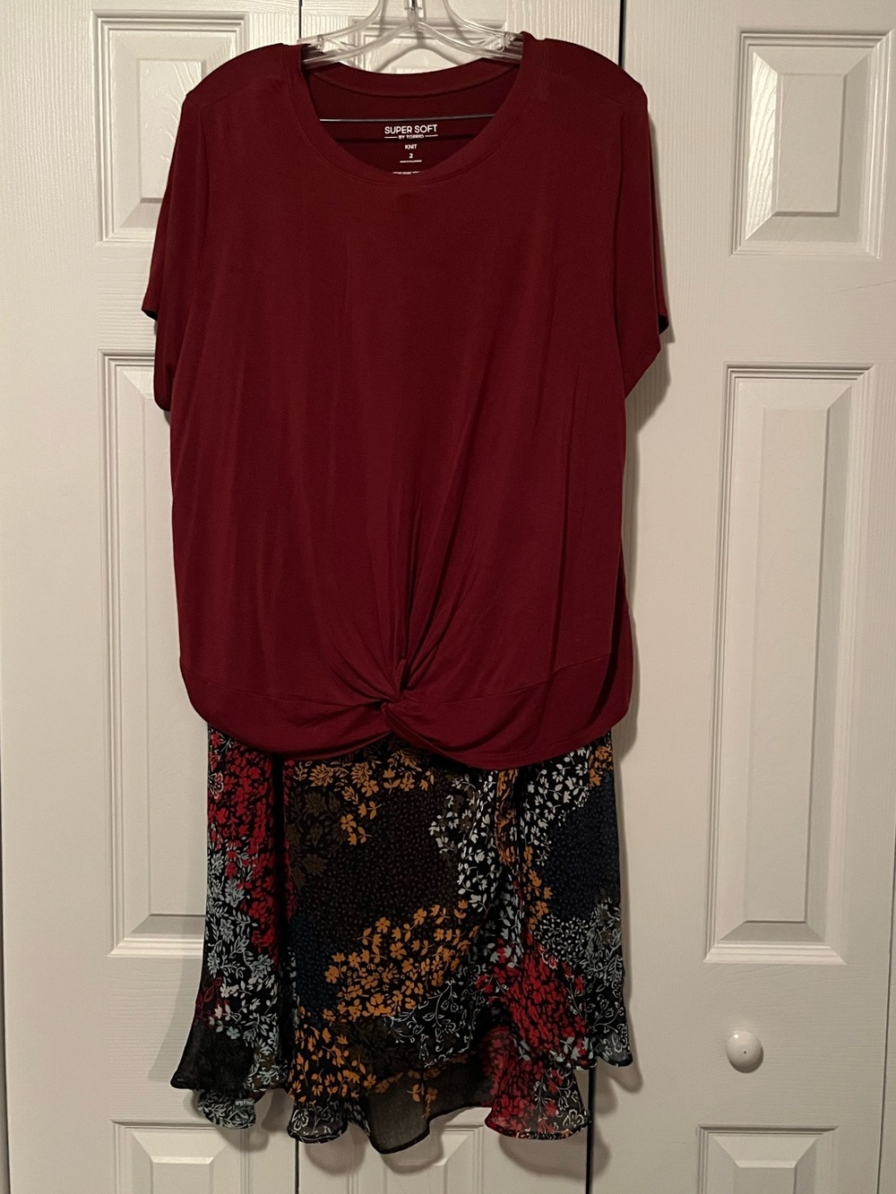 Women's Burgundy Knot-Front Top and Floral Skirt Set